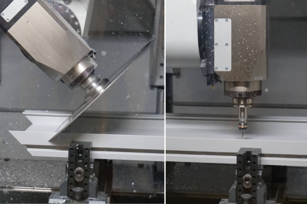Akkurate Vorarbeit: Das Stabbearbeitungszentrum schneidet die Bauteile gemäß den Projektvorgaben zu und bohrt die entsprechenden Löcher präzise vor – auch Gehrungsschnitte sind kein Problem. © TS-Aluminium-Profilsysteme GmbH & Co. KG