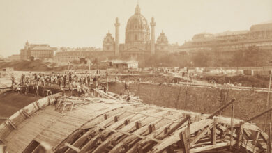Wienflussregulierung 1894 - 1900, Betonierung eines Gewölberings unterhalb der Elisabethbrücke