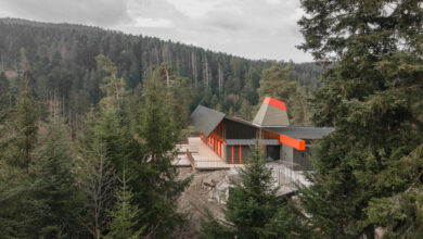 Ein Gebäude steht mitten im Wald. Es hat rote Dachelemente und schaut modern aus.