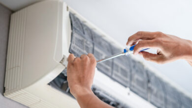 Repairman fix air conditioning systems, Technicians man using screwdrivers service for repair and maintenance of air conditioners