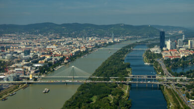 Wien Luftbild; Flight along the Danube river in Vienna in Austria September 11,2020