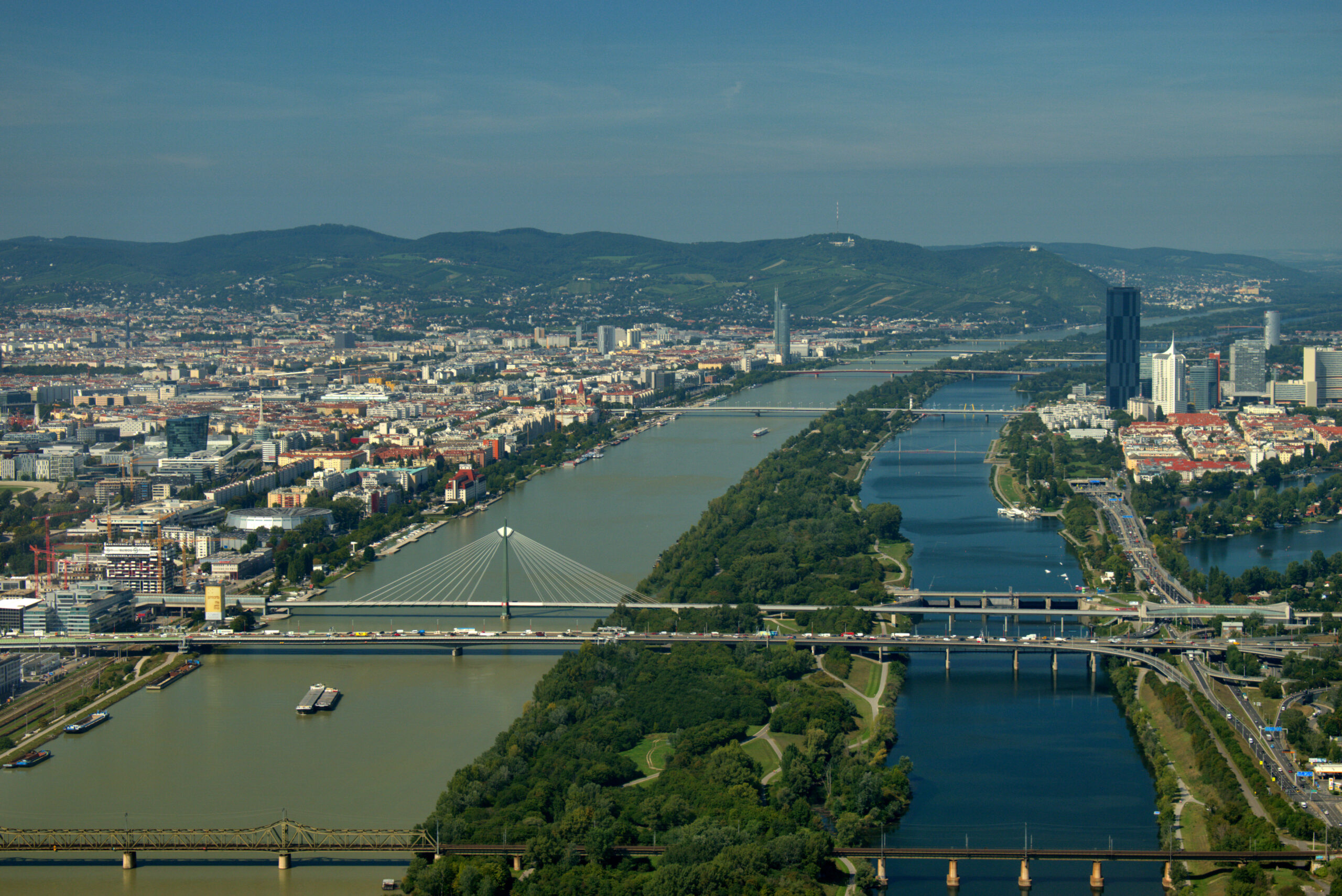 Wien Luftbild; Flight along the Danube river in Vienna in Austria September 11,2020