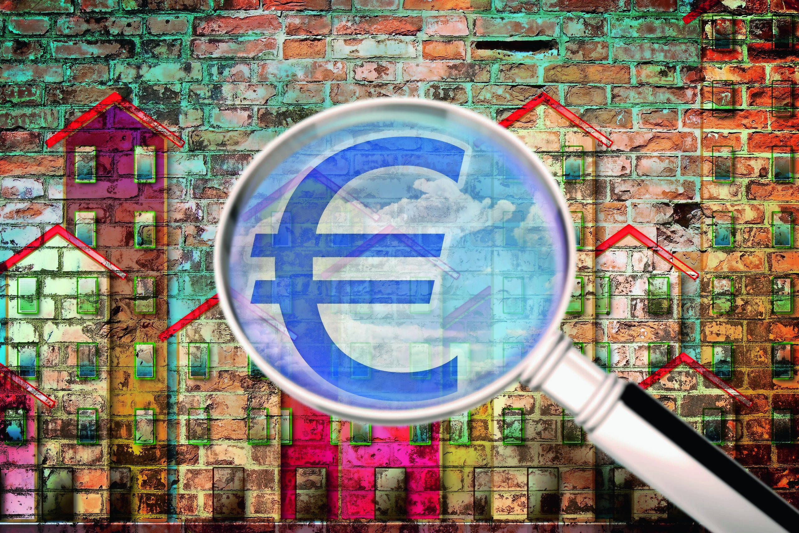 Public housing concept image painted on a old brick wall - Concept image seen through a magnifying glass with euro symbol - I'm the copyright owner of the graffiti images used in this picture.