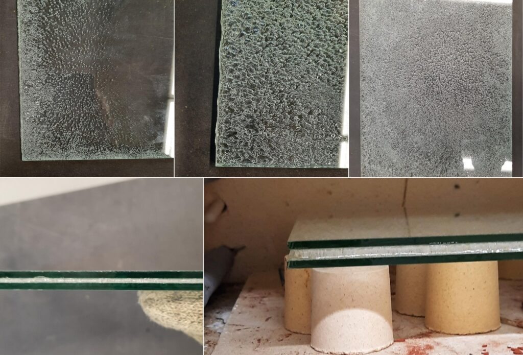 Der sogenannte "Daisy-Effekt" tritt beim Erhitzen von Verbundsicherheitsglas auf und zeigt die beginnende Bläschenbildung im PVB an. Er ist ein Schlüsselindikator für den optimalen Trennzeitpunkt. In Bild 1d und Bild 1e (untere Reihe) sieht man zudem, dass die Foliendicke durch den Daisy-Effekt größer wurde.