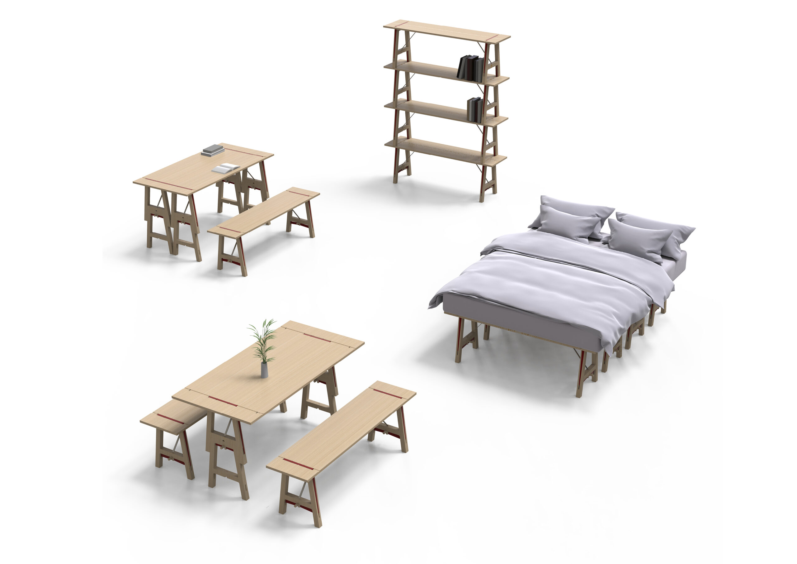 Das multifunktionale Möbel Barbereti von Designerin Insa Decker kann eine Bank, ein Bett, ein Regal oder ein Tisch sein. Es besteht aus jeweils vier Modulen die unterschiedlich aufgebaut werden können. © Insa Decker