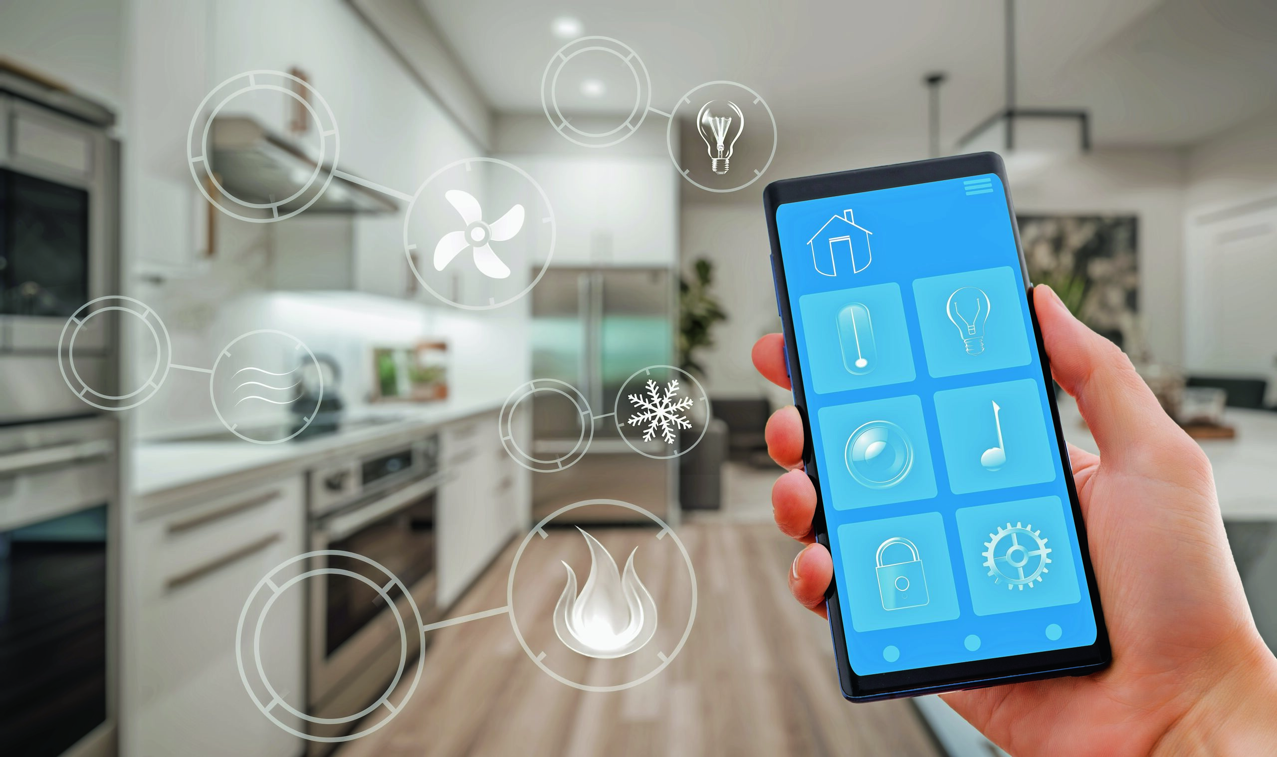 Smart home technology interface on smartphone app. Screen with augmented reality view of internet of things connected objects in the apartment interior. Person is holding device.