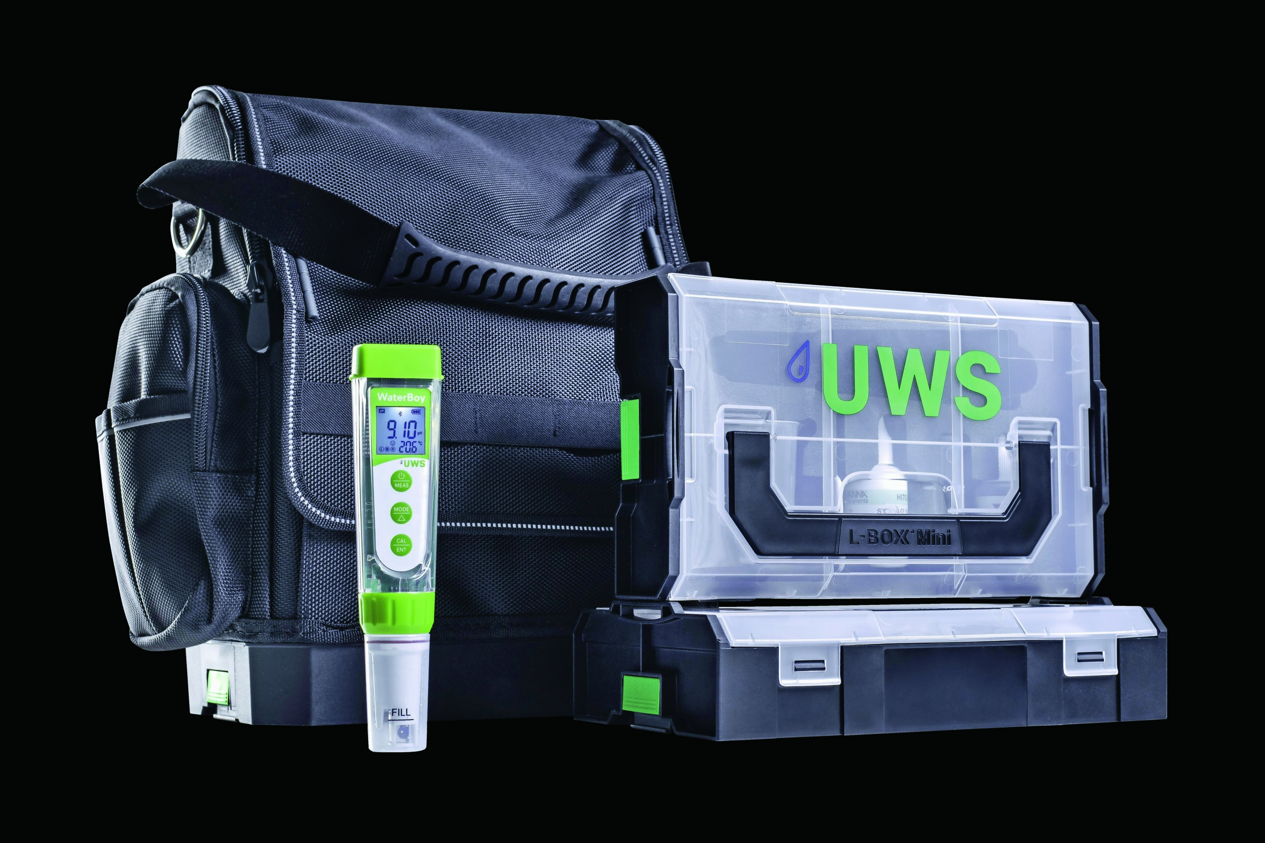 Mobiles Messgerät „WaterBoy“ von UWS: Misst pH-Wert und Leitfähigkeit präzise und dokumentiert die Wasserqualität normgerecht per App.