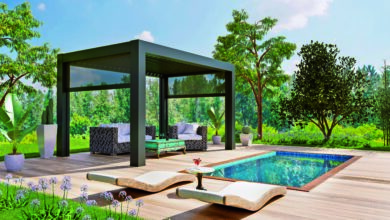 3D illustration of luxury outdoor garden with teak wooden deck and black pergola. Sofas and deck chairs next to the swimming pool.