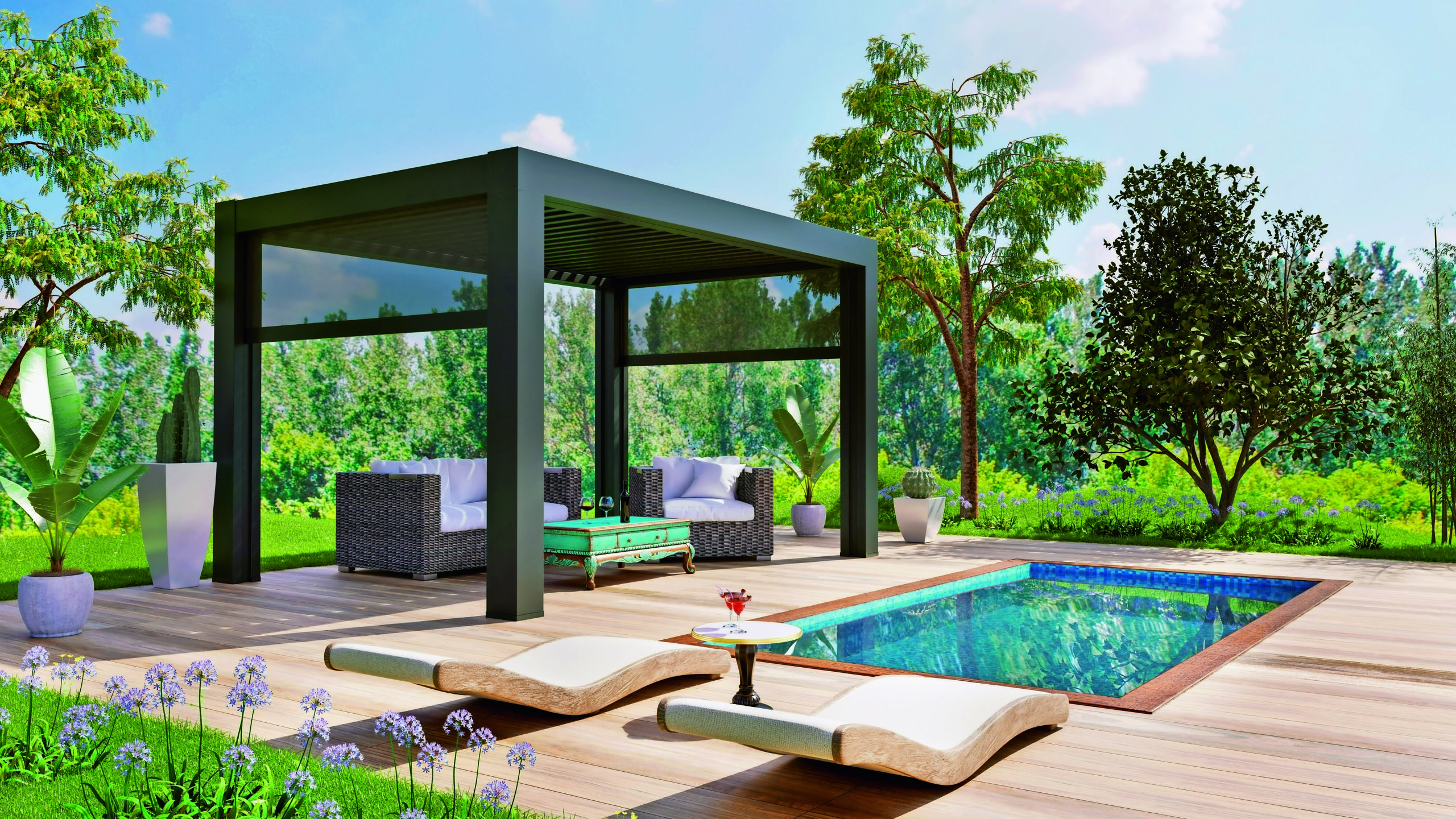 3D illustration of luxury outdoor garden with teak wooden deck and black pergola. Sofas and deck chairs next to the swimming pool.