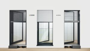Schüco Perfect (von links nach rechts): Insektenschutz und Sonnenschutz Zipscreen; Absturzsicherung und Rollladen; Insektenschutz und Raffstore. © Schüco International KG