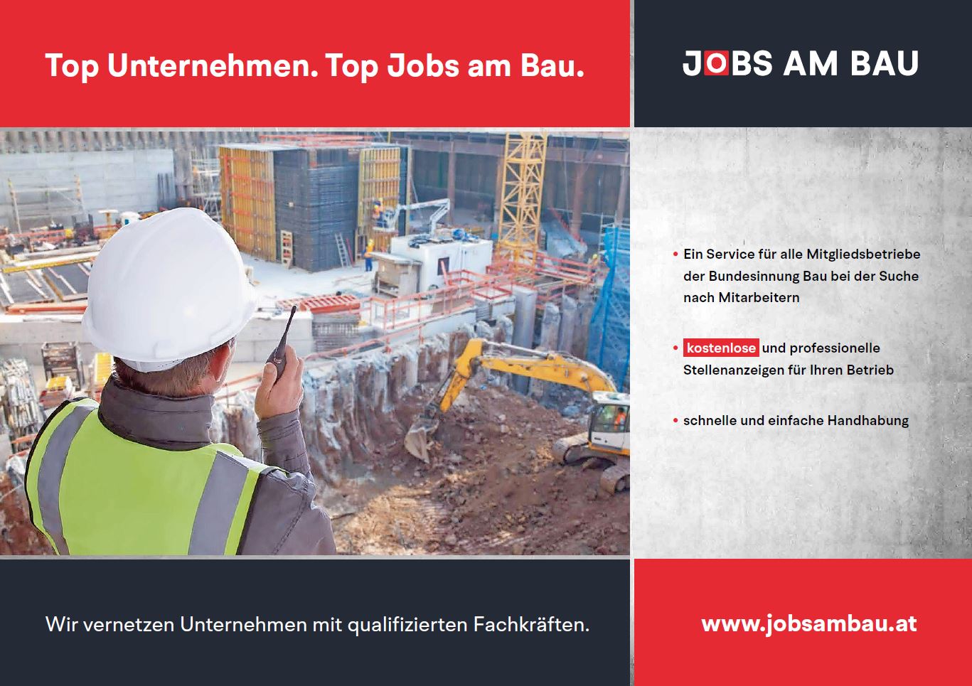 Die Job-Plattform www.jobsambau.at steht allen Mitgliedsbetrieben der Bundesinnung Bau kostenlos für Stelleninserate zur Verfügung. ©BAUAkademie