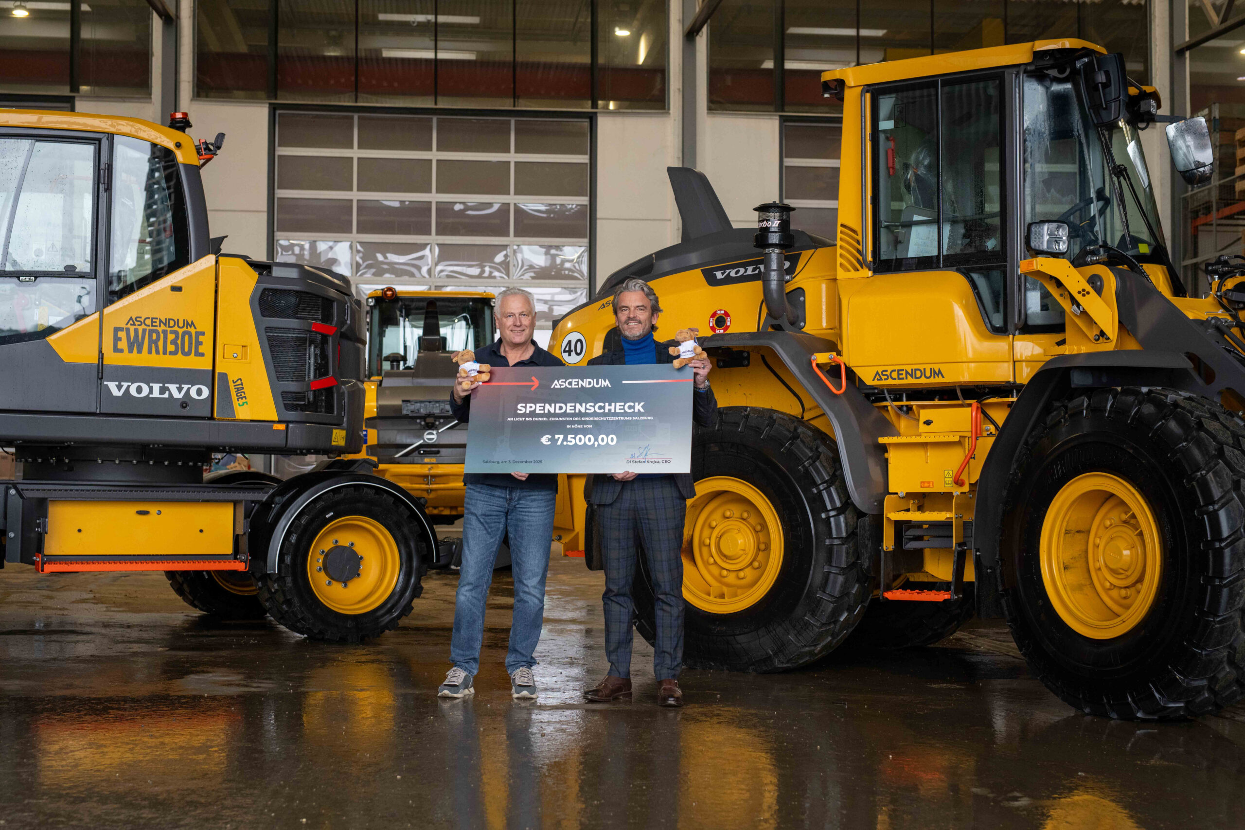 Spendenübergabe vor schwerem Gerät (v.l.): Peter Trattner, Geschäftsführer des Kinderschutzzentrum Salzburg und Stefan Krejca, CEO Ascendum Baumaschinen Österreich. Copyright: Ascendum