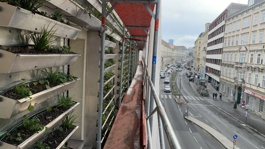 Begrünte Fassade an der TU Wien