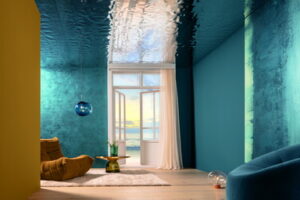 Die experimentelle Mischtechnik steht hier vertikal im Raum das zeigt die vielseitige Integration dieser mehrschichtig aufgebauten, mineralisch anmutenden und lebhaften Gestaltung.© Synthesa