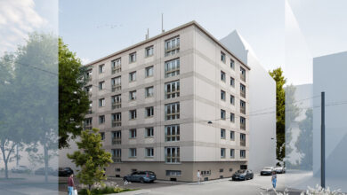 In der Wiener Arenberggasse wird aktuell erstmals eine Wohnanlage seriell saniert. So wird das Wohnhaus aus den 1970er Jahren in wenigen Wochen aussehen. @ Renowate GmbH