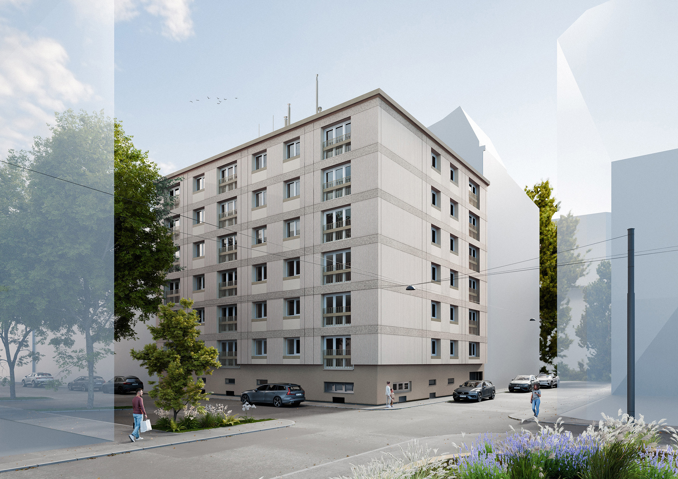 In der Wiener Arenberggasse wird aktuell erstmals eine Wohnanlage seriell saniert. So wird das Wohnhaus aus den 1970er Jahren in wenigen Wochen aussehen. @ Renowate GmbH