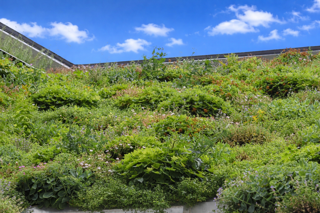 Artenreich bepflanzte Grün- fassade im Sommer: Unter- schiedliche mehrjährige Stauden bilden eine attraktive Vegetations-schicht, die die Fassadenober- fläche vor Überhitzung schützt und neue Lebensräume für  Insekten im urbanen Raum bietet.