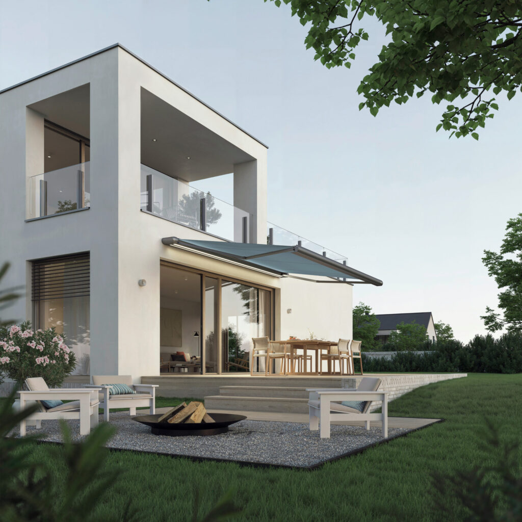 Die Kassettenmarkise erweitert den Wohnraum nach draußen.