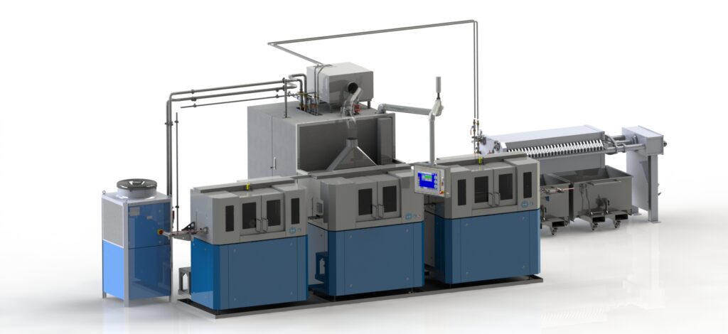 Für die einseitige Kantenverrundung der kilometerlangen Stahlbänder wurde eine Durchlaufanlage mit Vorreinigung, ECM-Bearbeitung und Nachreinigung mit Ultraschall entwickelt.