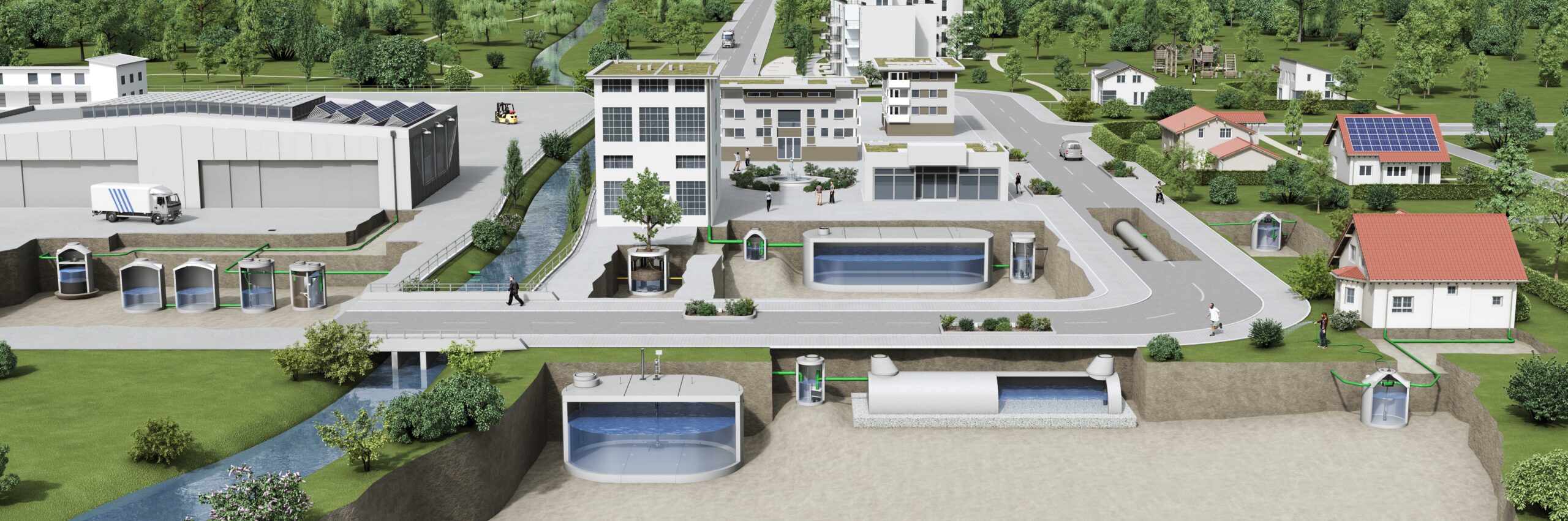 Die Grafik zeigt beispielhaft verschiedene dezentrale Infrastrukturen, die Regenwasser zurückhalten, reinigen, speichern und versickern können. 
