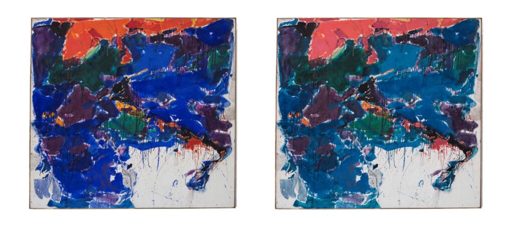 Beispielhafte Darstellung: Auswirkungen von UV-Strahlung auf Kunst und Materialien – rechts ausgebleicht, links farbstabil bei effektivem UV-Schutz.