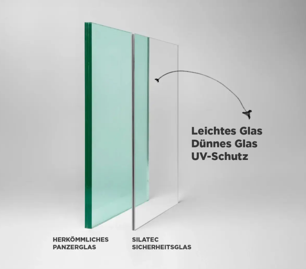Vergleich: herkömmliches Panzerglas (links) und modernes UV-Schutzglas.