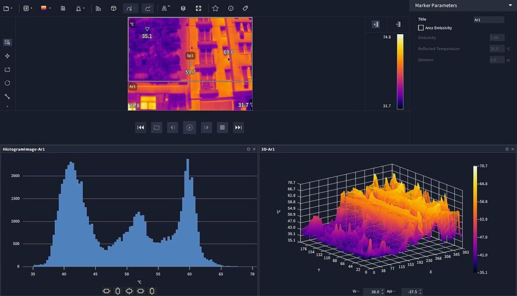 Analyse der Oberflächentemperaturen einer Fassade an einem heißem Sommertag in der Ottakringer Straße, 1160 Wien: mit Fassadenbegrünung links und Wärmedämmverbundsystem mit Balkonen rechts.
