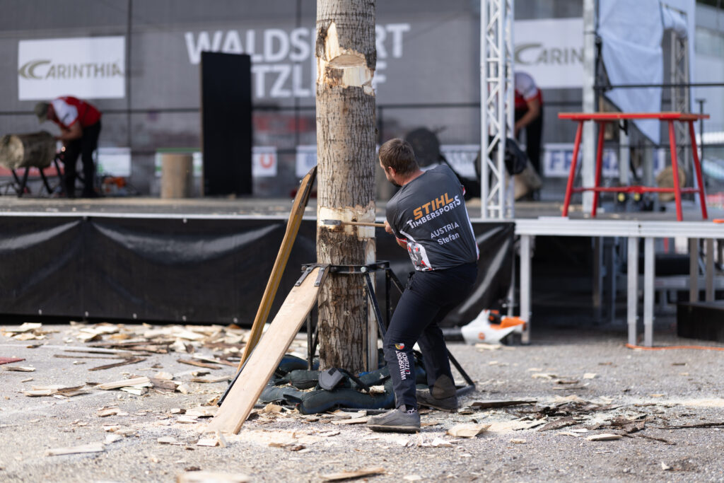 Action bei Timbersports: Die Waldsportler zeigten auf der Holzmesse spektakuläre Techniken rund um die Arbeit mit Hacke und Motorsäge.