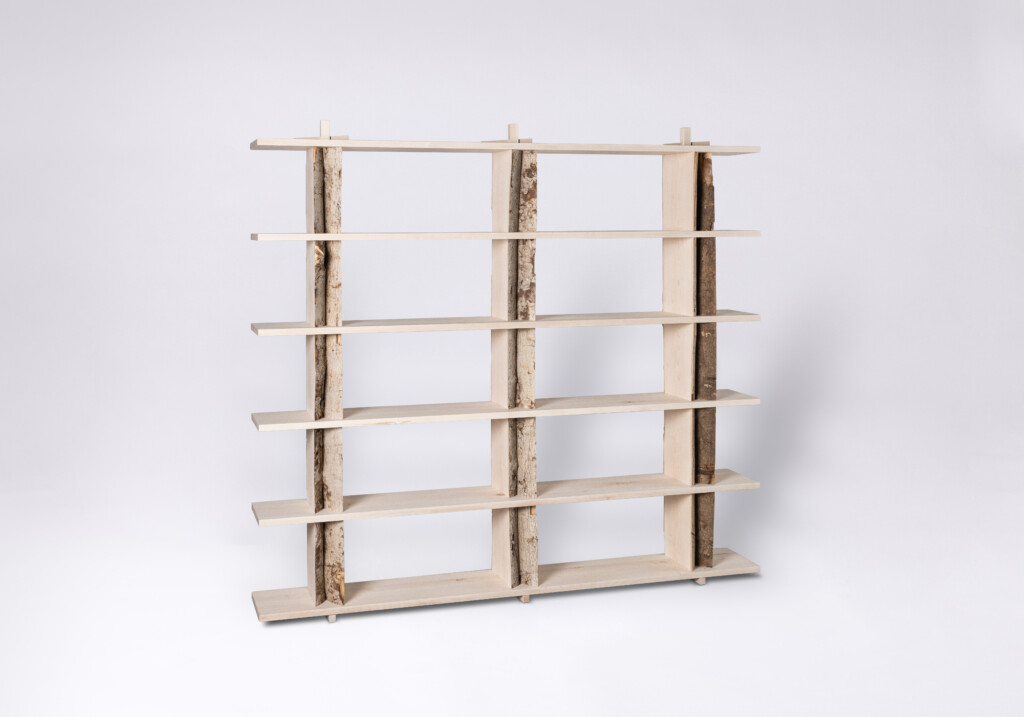 "Regalsystem mit Schwartenbrettern" von Pius Kaufmann, in Kooperation mit Wolfgang Lässer und nach einem Entwurf von Patrick Perren und Fabian Tobias Reiner.